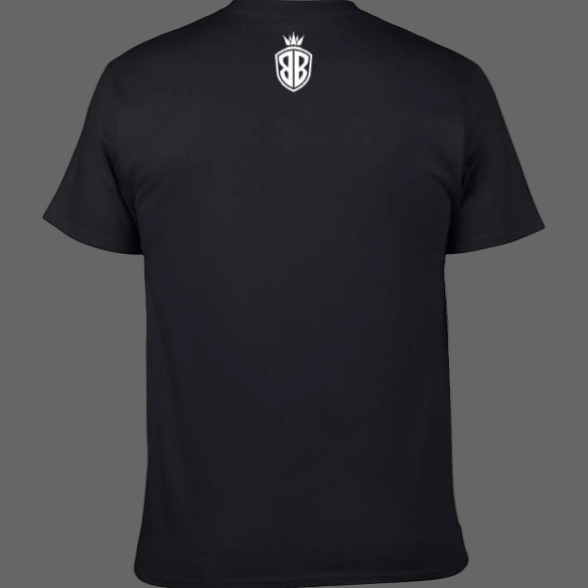 Black t-shirt with a logo on the back against a white background