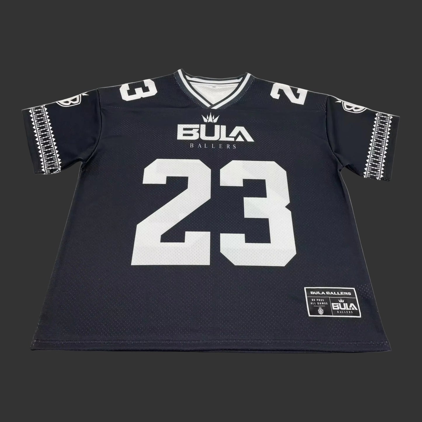 Black sports jersey with number 23 and 'Bula Ballers' branding on a white background