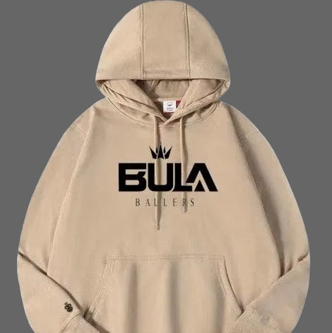 Beige hoodie with 'Bula Ballers' logo on a white background