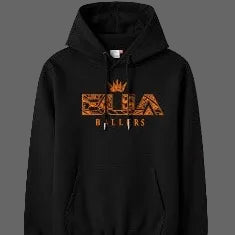Black hoodie with orange text on a white background