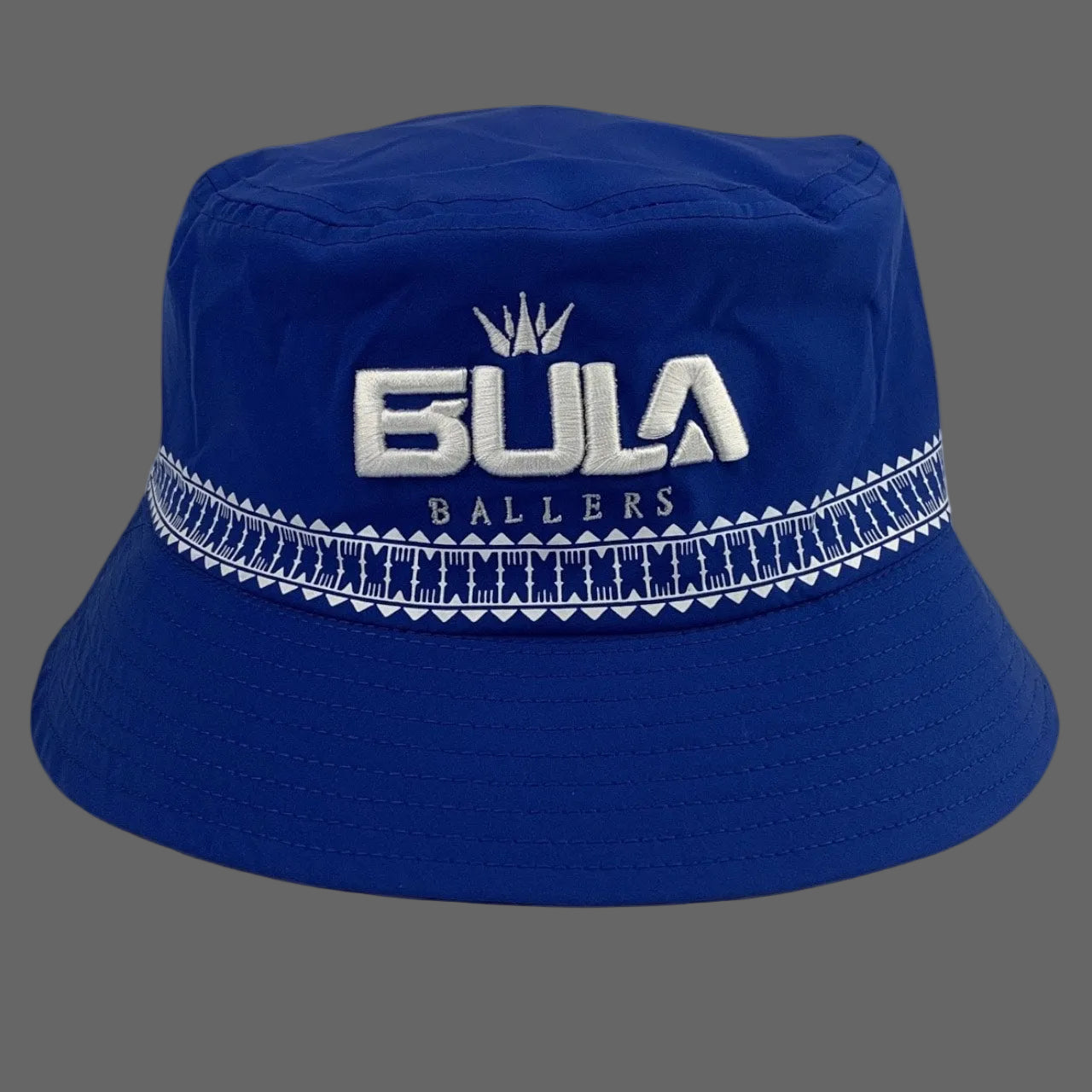 Blue bucket hat with 'Bula Ballers' text and design on a white background
