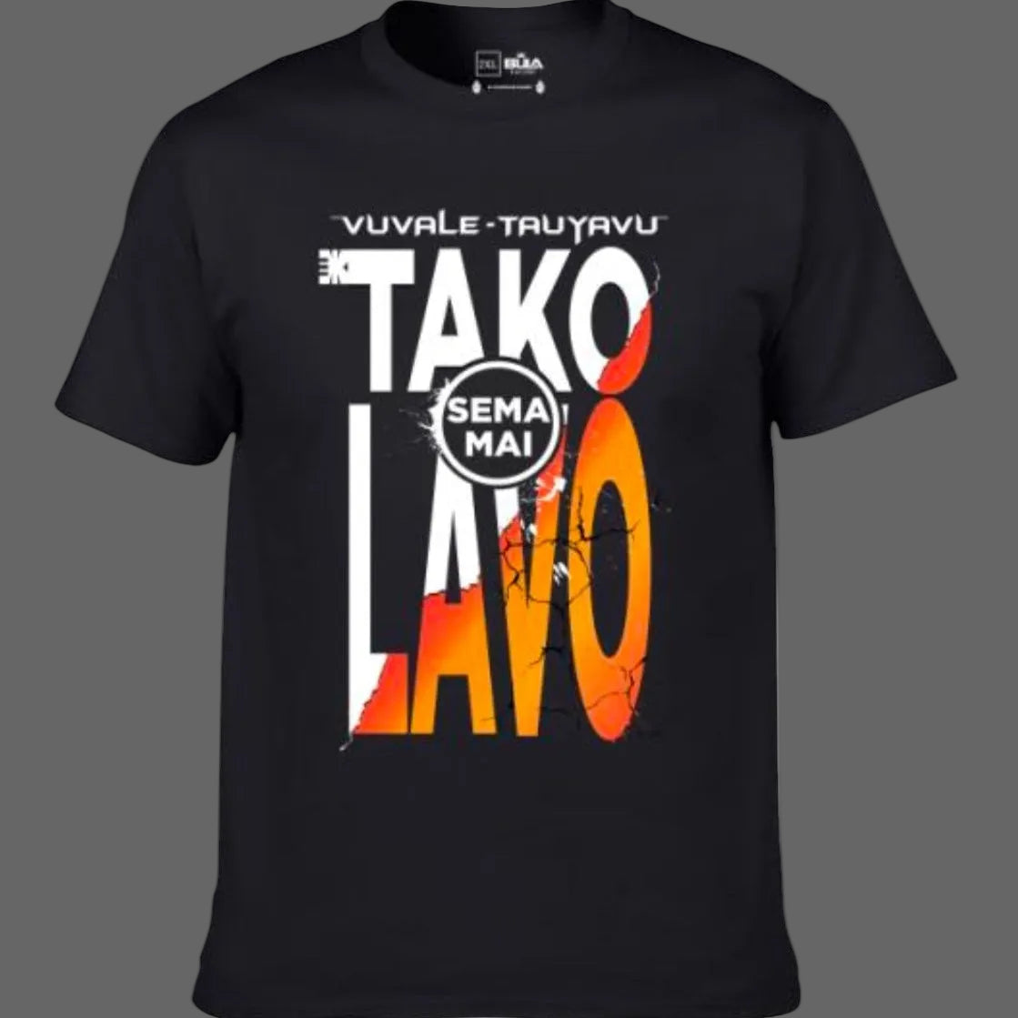A black t-shirt with 'Tako Lavo' text and a graphic design in orange and red on the front.
