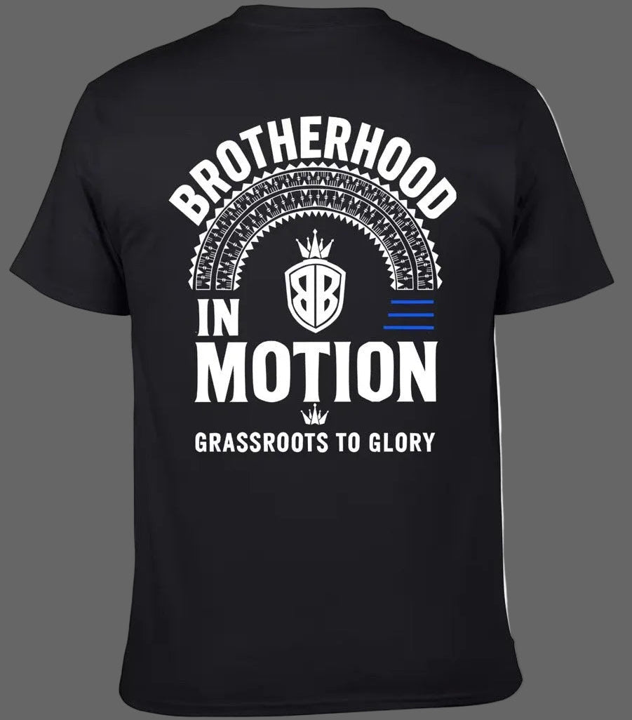 Black t-shirt with 'Brotherhood in Motion' text and logo on a white background
