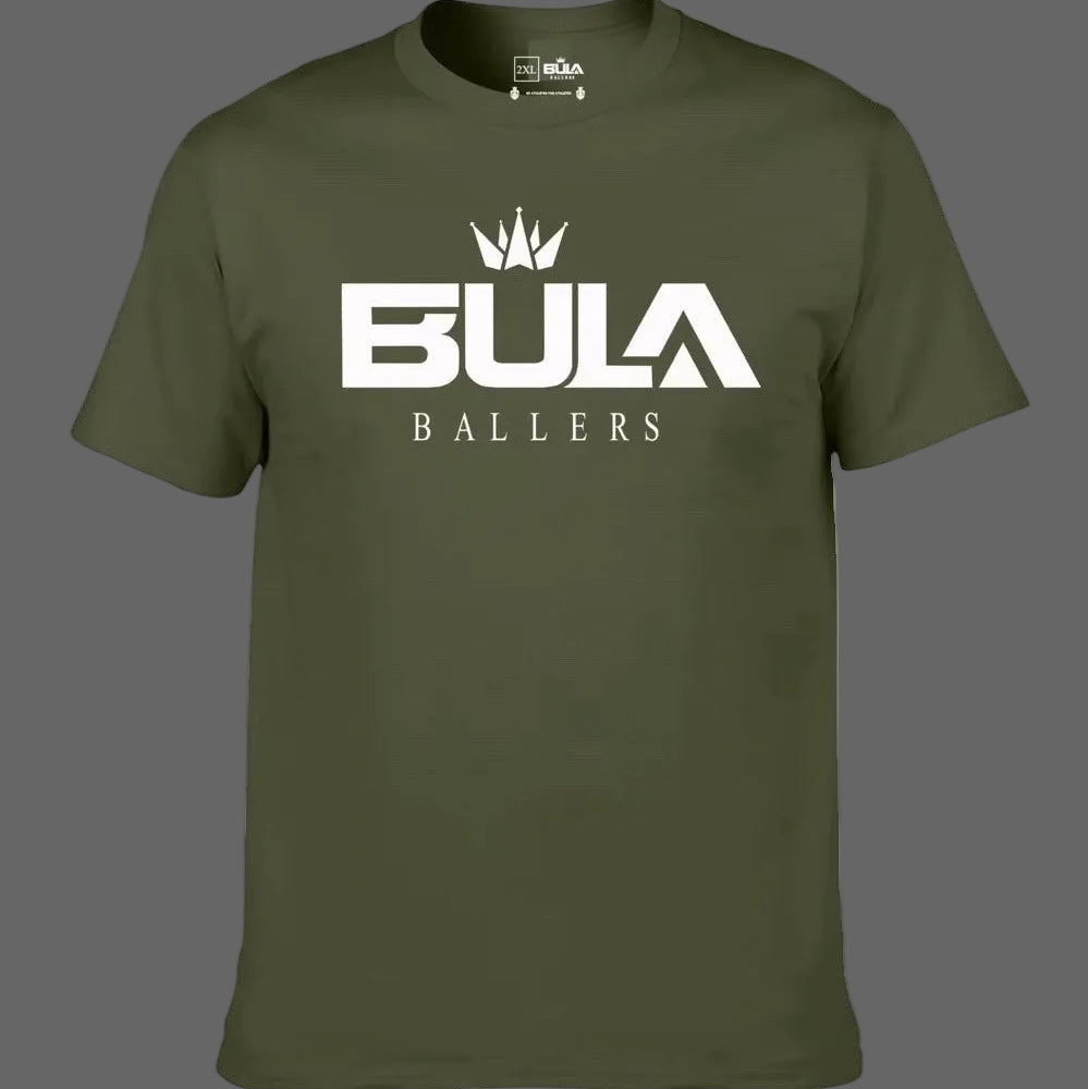 Green t-shirt with 'Bula Ballers' logo on a white background