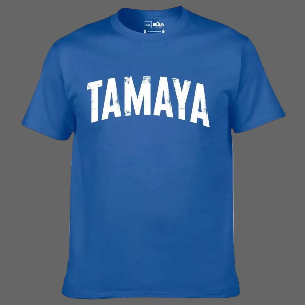 Blue t-shirt with 'TAMAYA' printed on it against a white background