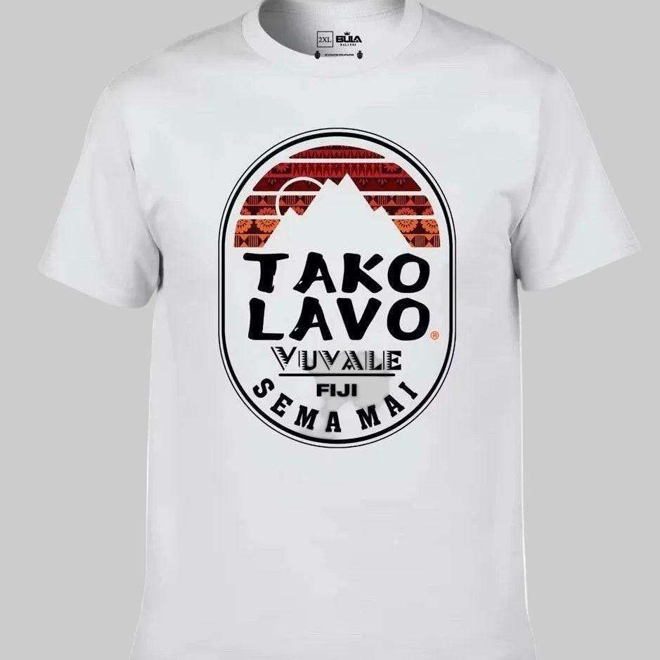 White t-shirt with 'Tako Lavo' graphic design on a white background