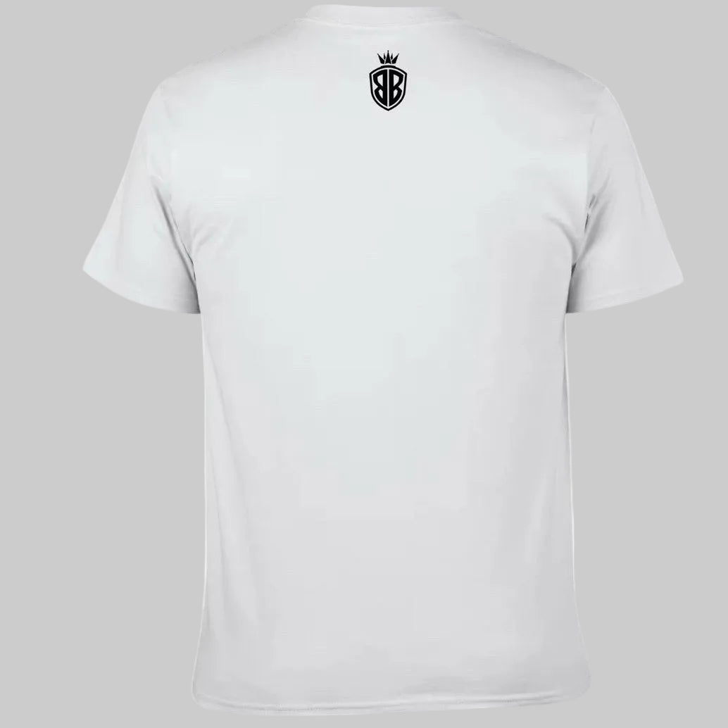 White t-shirt with graphic design on front and back on a white background